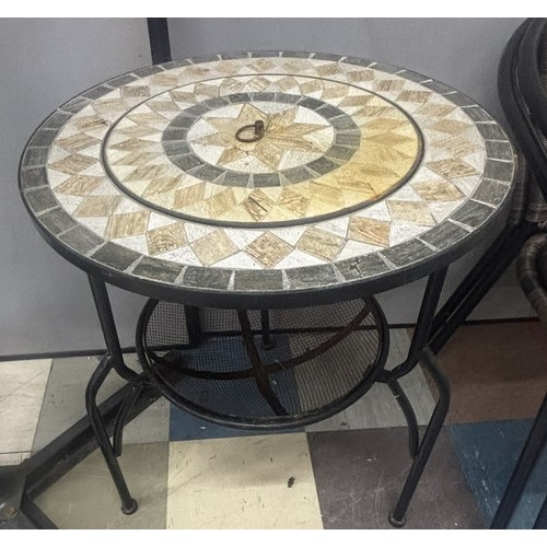 32 - FIREPIT GARDEN TABLE, 2 METAL FRAME WOVEN CHAIRS, LARGE PARASOL & BASE PLUS A SET OF 4 PARASOL B... 