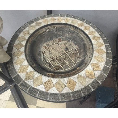 32 - FIREPIT GARDEN TABLE, 2 METAL FRAME WOVEN CHAIRS, LARGE PARASOL & BASE PLUS A SET OF 4 PARASOL B... 