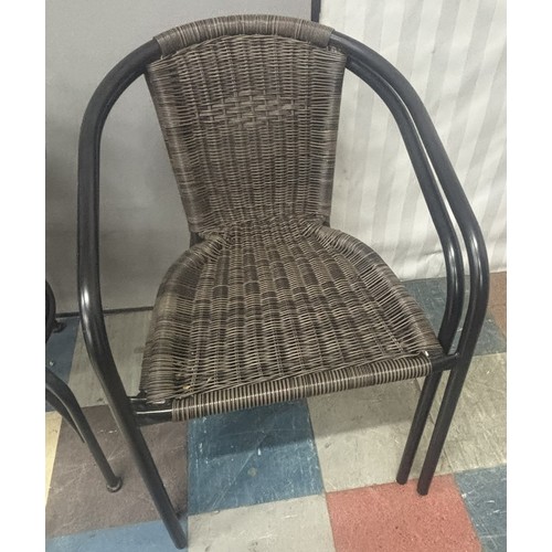 32 - FIREPIT GARDEN TABLE, 2 METAL FRAME WOVEN CHAIRS, LARGE PARASOL & BASE PLUS A SET OF 4 PARASOL B... 