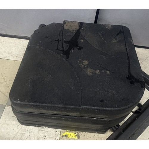 32 - FIREPIT GARDEN TABLE, 2 METAL FRAME WOVEN CHAIRS, LARGE PARASOL & BASE PLUS A SET OF 4 PARASOL B... 