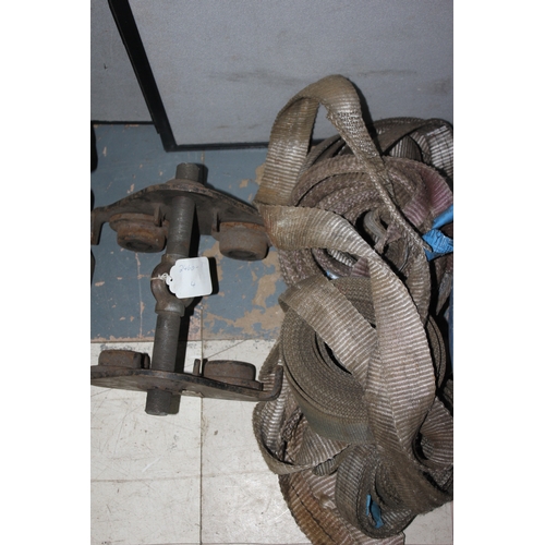 34 - LIFTING BLOCK AND CHAIN, SHACKLES, RATCHETS, STRAPS, BEAM TROLLEY, 110V TOOLS, SEALEY OIL DISPENSER,... 