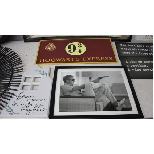 35 - LARGE WALL CLOCK, MIRROR & VARIOUS PICTURES & PLAQUES