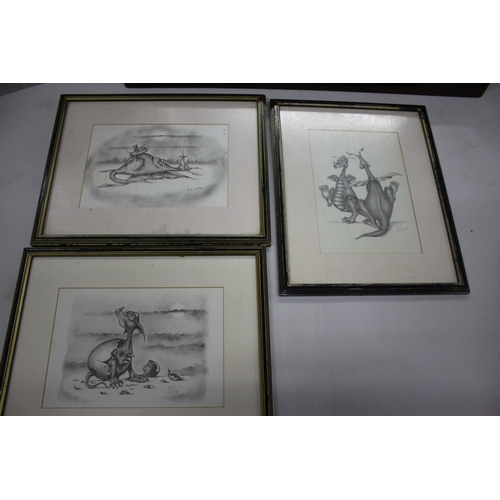 43 - FRAMED MIRROR, 3 LIMITED EDITION DRAGON PRINTS & 1 OTHER PICTURE