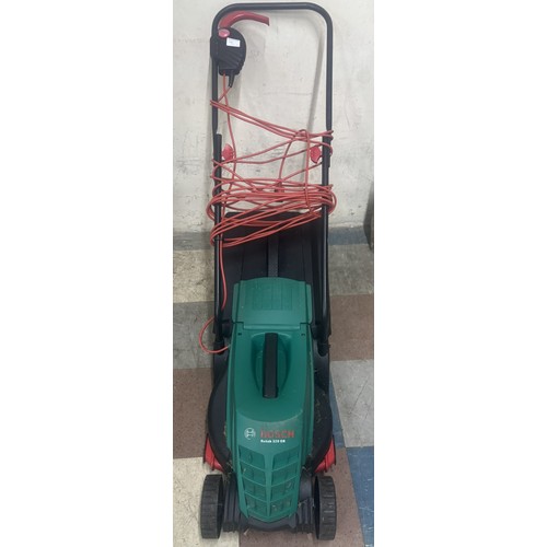 58 - BOSCH ROTAK 320 LAWNMOWER (TESTED AND WORKING) AND GARDENING TOOLS