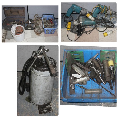 34 - LIFTING BLOCK AND CHAIN, SHACKLES, RATCHETS, STRAPS, BEAM TROLLEY, 110V TOOLS, SEALEY OIL DISPENSER,... 