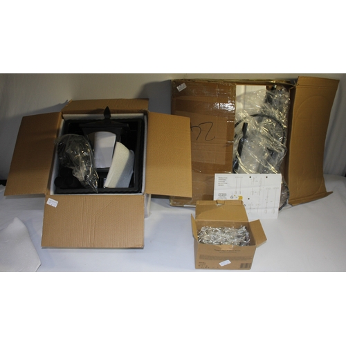 7 - NEW STUDIO LAMP POST, 2 NEW METAL PLANT HANGERS/BIRD FEEDER HANGERS AND SET OF STAR CURTAIN LIGHTS