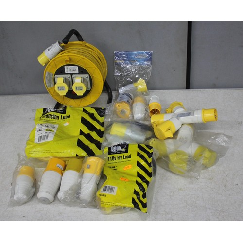 15 - BOX OF 100v ELECTRICAL EQUIPMENT - EXTENSION REEL AND CABLE, 10M CABLE, 2 x MULTIPLE OUTLET SOCKET, ... 