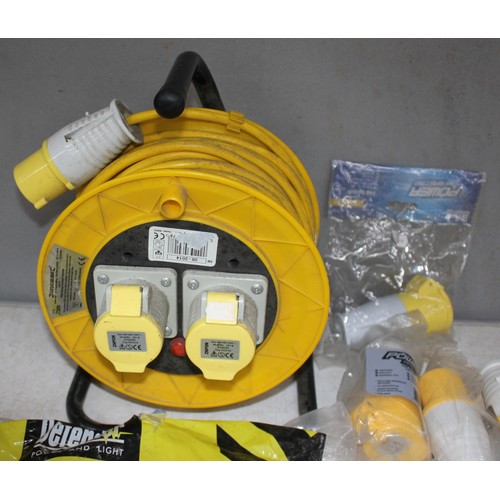 15 - BOX OF 100v ELECTRICAL EQUIPMENT - EXTENSION REEL AND CABLE, 10M CABLE, 2 x MULTIPLE OUTLET SOCKET, ... 