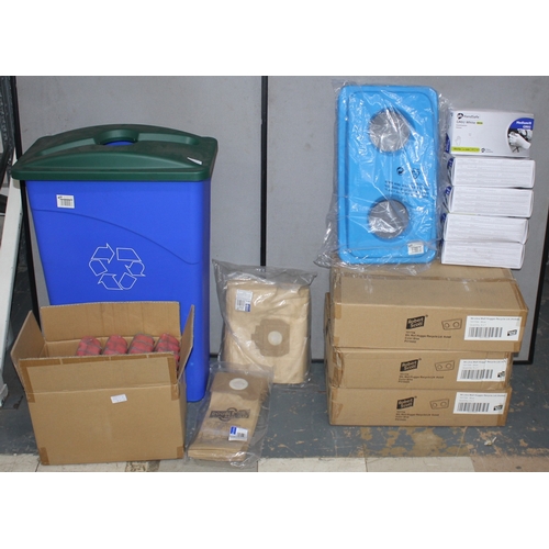 17 - 12 x 9ol WALL HUGGER RECYCLE LIDS, 5x200 NITRILE GLOVES, BLUE PLASTIC BIN, VACUUM BAGS, SCOURERS