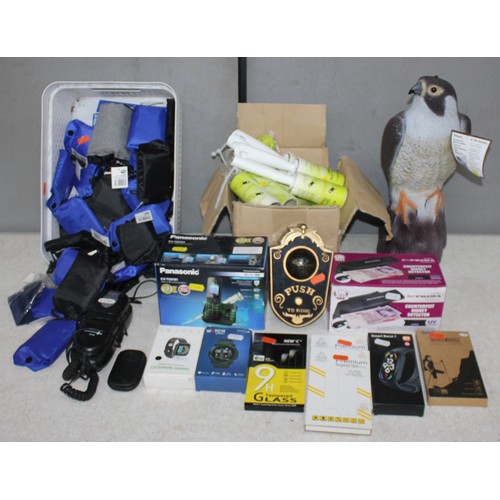 20 - BOX OF NEW STOCK INCLUDING - PHONE GLASS PROTECTORS, LINT ROLLERS, SMART BANDS, TELEPHONES, FOLD UP ... 