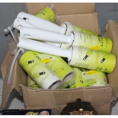 20 - BOX OF NEW STOCK INCLUDING - PHONE GLASS PROTECTORS, LINT ROLLERS, SMART BANDS, TELEPHONES, FOLD UP ... 