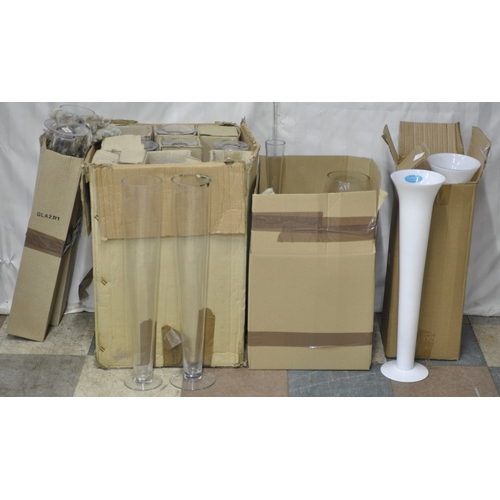 21 - VARIOUS LARGE GLASS VASES INCLUDING A SET OF 9 TALL STEM GLASSES CONICAL VASES