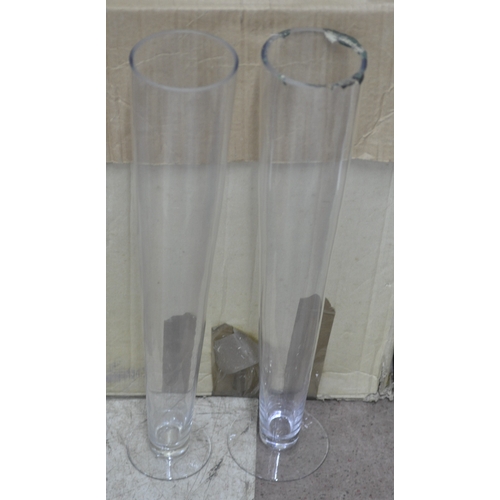 21 - VARIOUS LARGE GLASS VASES INCLUDING A SET OF 9 TALL STEM GLASSES CONICAL VASES