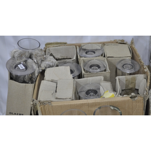 21 - VARIOUS LARGE GLASS VASES INCLUDING A SET OF 9 TALL STEM GLASSES CONICAL VASES