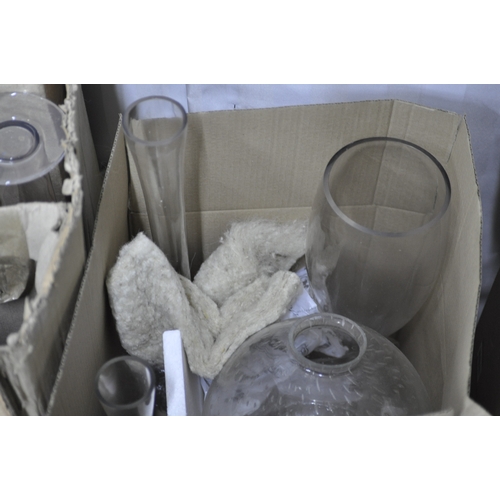 21 - VARIOUS LARGE GLASS VASES INCLUDING A SET OF 9 TALL STEM GLASSES CONICAL VASES