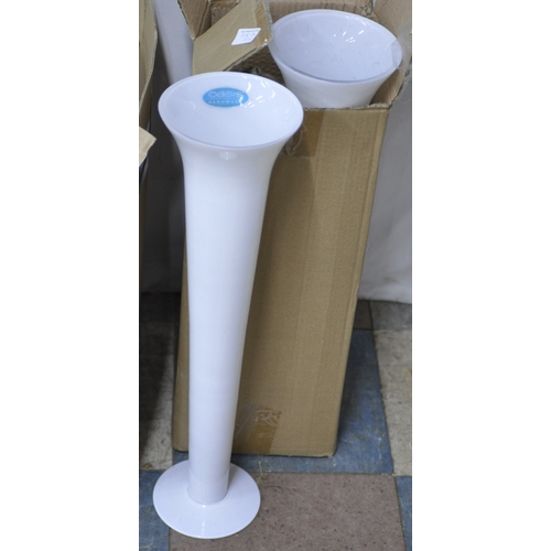 21 - VARIOUS LARGE GLASS VASES INCLUDING A SET OF 9 TALL STEM GLASSES CONICAL VASES