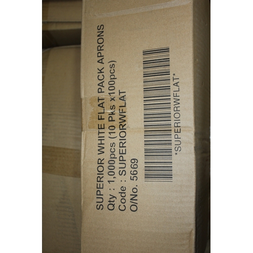 28 - 27 BOXES (10 PACKS OF 100 PER BOX) SUPERIOR WHITE FLAT PACK APRONS
