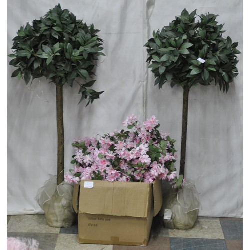 34 - PAIR OF ARTIFICAL BAY TREES AND 20 ARTIFICIAL PINK BLOSSOM GARLANDS