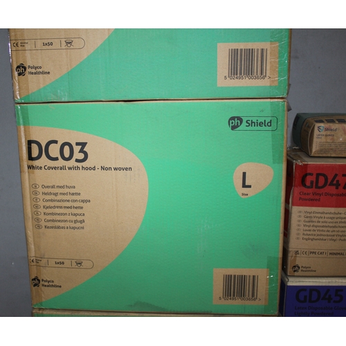 35 - 150 PH SHIELD DC03 WHITE COVERALL WITH HOOD, PACK OF YELLOW POLYTHENE APRONS, 3 CASES (10x1000 PER C... 