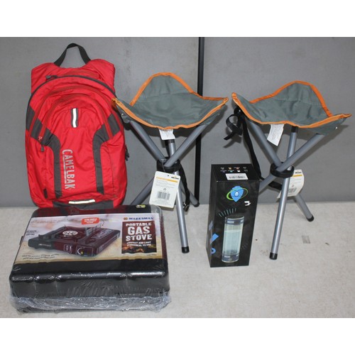 42 - PORTABLE GAS STOVE, CAMELBACK RUCKSACK, 2 FOLDING STOOLS AND HYDROGEN WATER BOTTLE