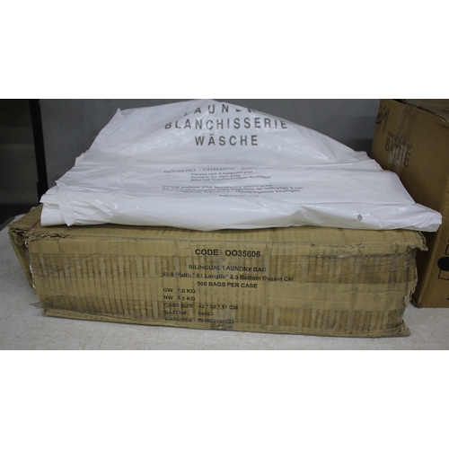 46 - BOX OF LAUNDRY BAGS, 3 BOXES OF GILCHRIST AND SOAMES SHAMPOO / SHOWER GEL AND 8 BOXES OF DIVERSEY AI... 