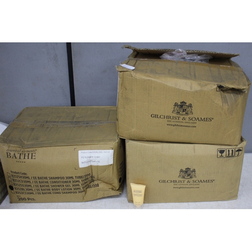 46 - BOX OF LAUNDRY BAGS, 3 BOXES OF GILCHRIST AND SOAMES SHAMPOO / SHOWER GEL AND 8 BOXES OF DIVERSEY AI... 