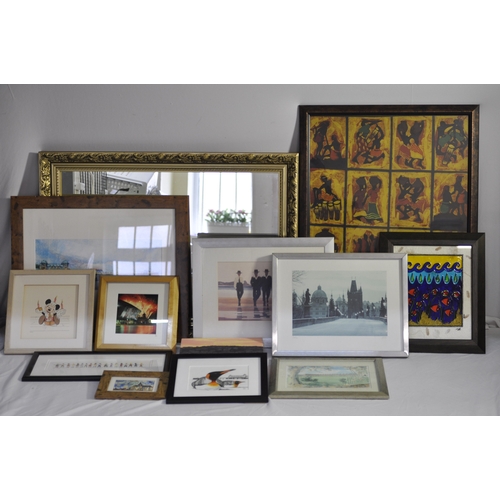 65 - FRAMED MIRROR AND QUANTITY OF PICTURES