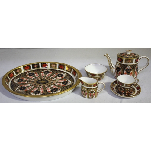 77 - ROYAL CROWN DERBY 1128 PATTERN IMARI FIVE PIECE MINIATURE TEA SET WITH TRAY