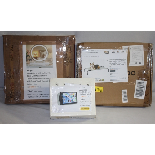 112 - VANITY MIRROR, CAR RADIO AND AMAZON BASICS RAISED DOG BED