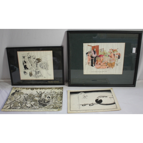 184 - 4 CARTOONS - 2 FRAMED AND 2 UNFRAMED