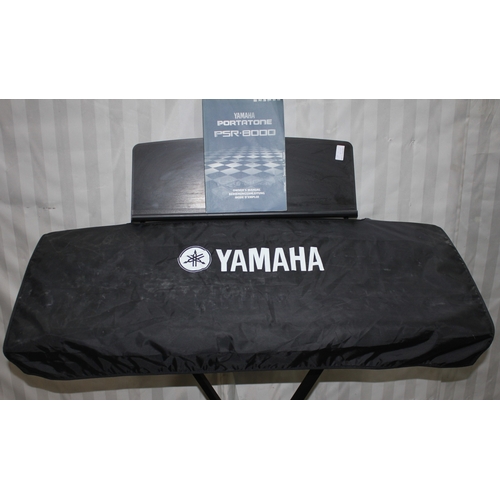 201 - YAMAHA PSR 8000 ELECTRONIC KEYBOARD WITH STAND, STOOL AND A BOX OF PROFESSIONAL RECORDED BACKING TRA... 