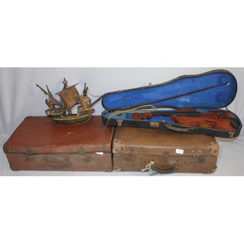 203 - 2 LEATHER SUITCASES, MODEL SHIP AND VIOLIN WITH CASE