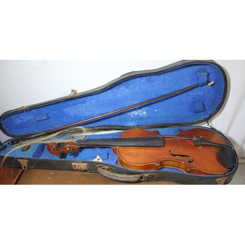 203 - 2 LEATHER SUITCASES, MODEL SHIP AND VIOLIN WITH CASE