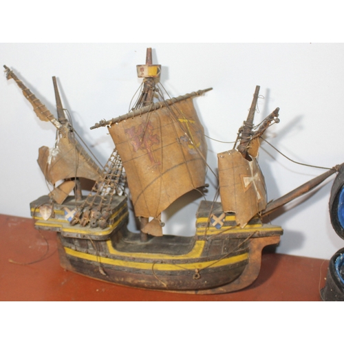 203 - 2 LEATHER SUITCASES, MODEL SHIP AND VIOLIN WITH CASE