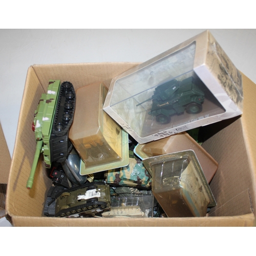 214 - 2 BOXES OF SCALE MODEL MILITARY VEHICLES INCLUDING DIE CAST
