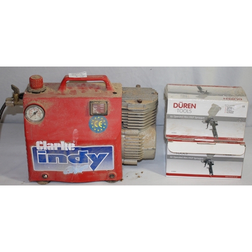 228 - CLARKE INDY AIR COMPRESSOR AND 2 AIR GUNS