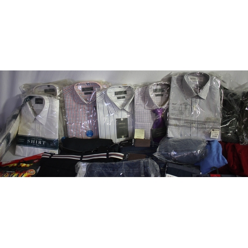 232 - BOX OF NEW CLOTHES INCLUDING SHIRTS, TROUSERS AND SOCKS