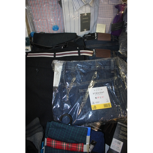 232 - BOX OF NEW CLOTHES INCLUDING SHIRTS, TROUSERS AND SOCKS