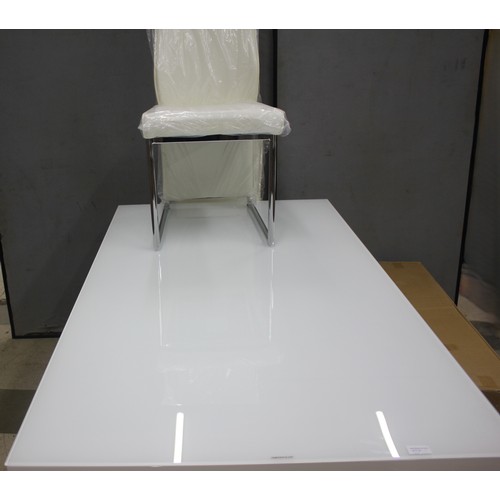 246 - TORELLI GLASS TOP WHITE DINING TABLE AND 6 WHITE AND CHROME CHAIRS