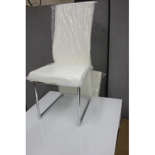 246 - TORELLI GLASS TOP WHITE DINING TABLE AND 6 WHITE AND CHROME CHAIRS