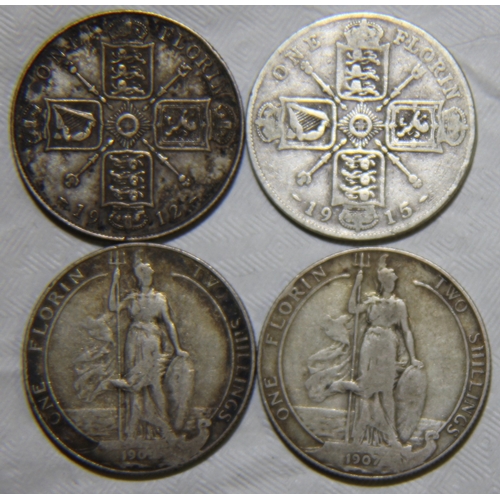 289 - 2 EDWARD VII FLORINS - 1907 & 1909 AND 2 GEORGE V FLORINS - 1912 & 1915