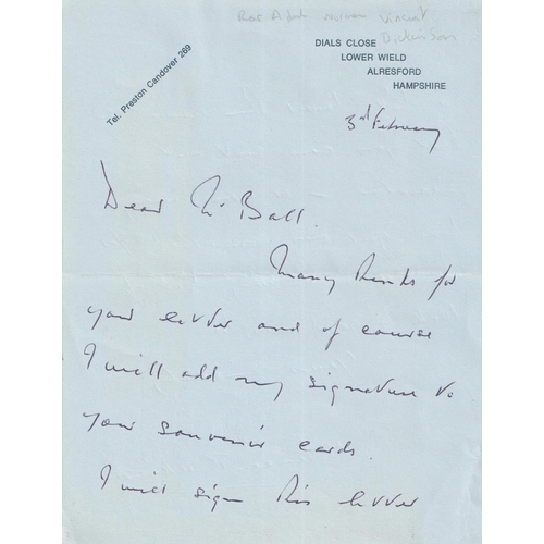 115 - Letter Signed by Rear admiral Norman Vincent Dickinson WW1 Navy, WW2. Handwritten Letter Dated 3 Feb... 