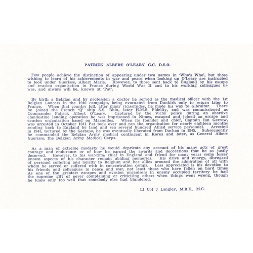 44 - ES22d The Pat O'Leary Line. Signed by Pat O'Leary George Cross DSO. 10 7 1979 Toulouse The Pat O'Lea... 