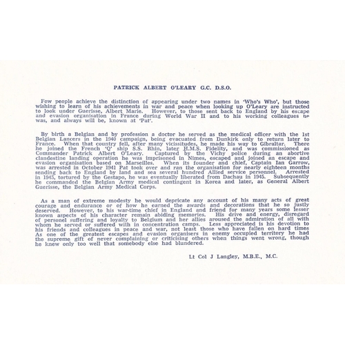 46 - ES22d The Pat O'Leary Line. Signed by Pat O'Leary George Cross DSO. 10 7 1979 Toulouse The Pat O'Lea... 