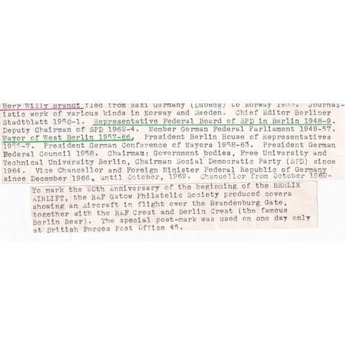 52 - 20th Anniv of the Berlin Airlift cover Signed Willy Brandt German politician and statesman. 24th Jun... 