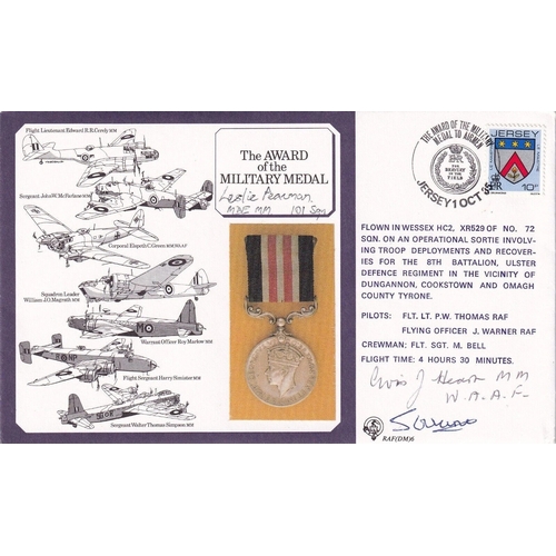 275 - Award of the Military Medal Signed 2 holders Lesie Pearman 101 Sqn and Avis Hearn. 1 Oct 85 Jersey T... 