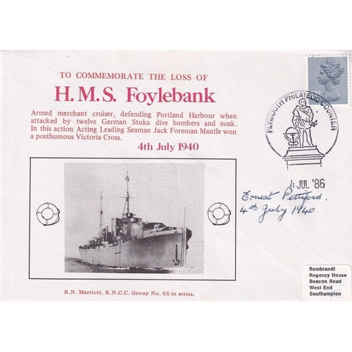345 - Loss of HMS Foylebank Signed Ernie Pettiford Survivors 4th July 1940. 4 Jul 86 Plymouth Loss of HMS ... 