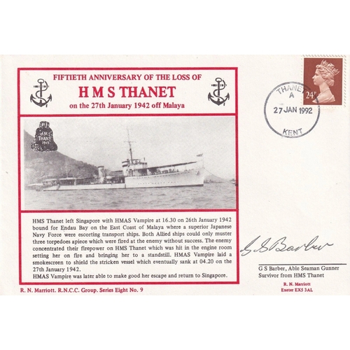 378 - 8RNCC9 Loss of HMS Thanet Signed G S Barber Gunner Survivor HMS Thanet. 27 Jan 1992 Thanet postmark.... 