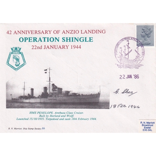 387 - HMS Penelope 42nd Anniversary of Anzio Landing Signed by G. Skea crew member. 22 Jan 86 - Portsmouth... 