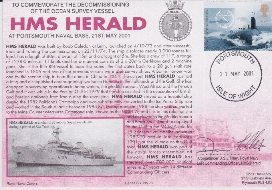 HHMS Herald CO Cdr D S Tilley signed official Royal Navy cover S6 no 23 ...